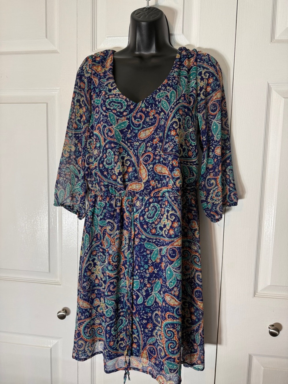 Women's Navy Paisley V-Neck Dress